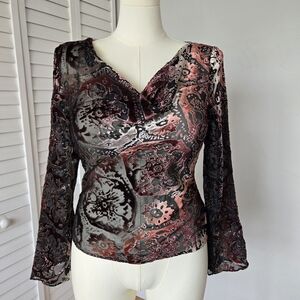 I.C.E. Burnt Velvet Cowl Neck Sheer Blouse Women's 10 Vtg 90s Y2K Whimsigoth‎